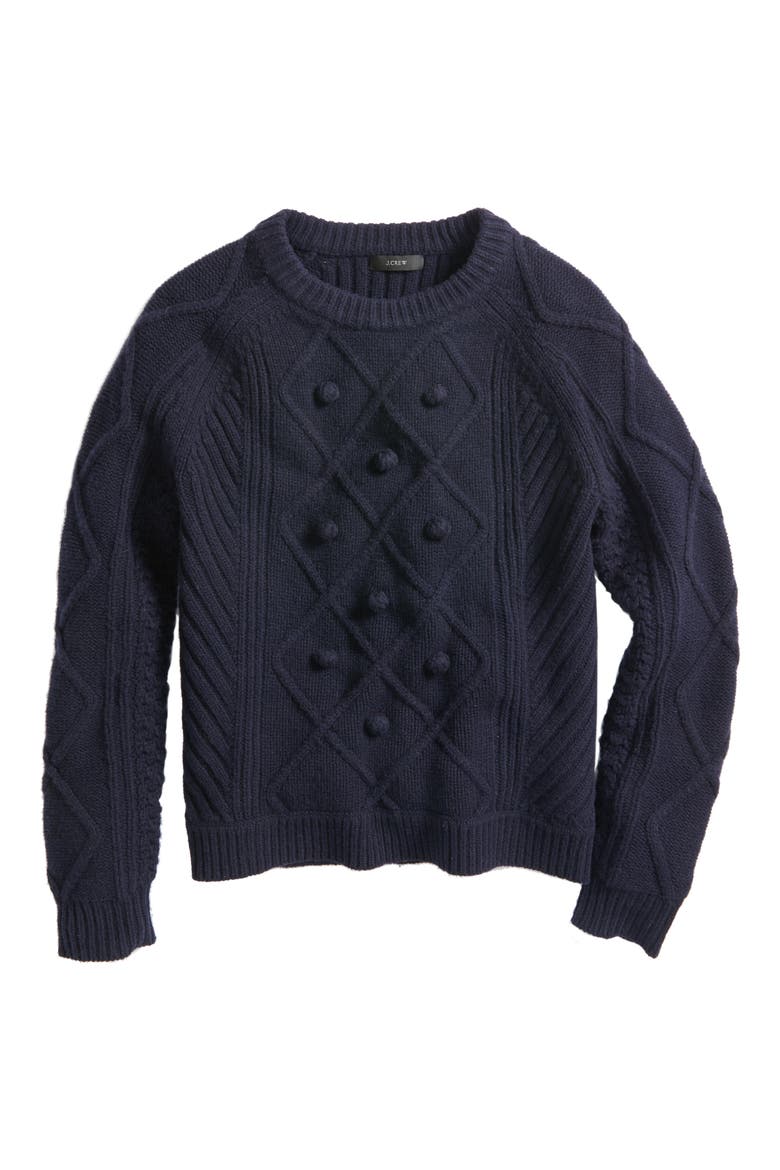 J.Crew Merino Wool Cable Pompom Sweater, Alternate, color, NAVY