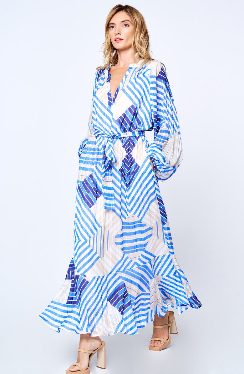 CIEBON Gaeley Print Tie Waist Long Sleeve Maxi Dress, Alternate, color, Blue Multi