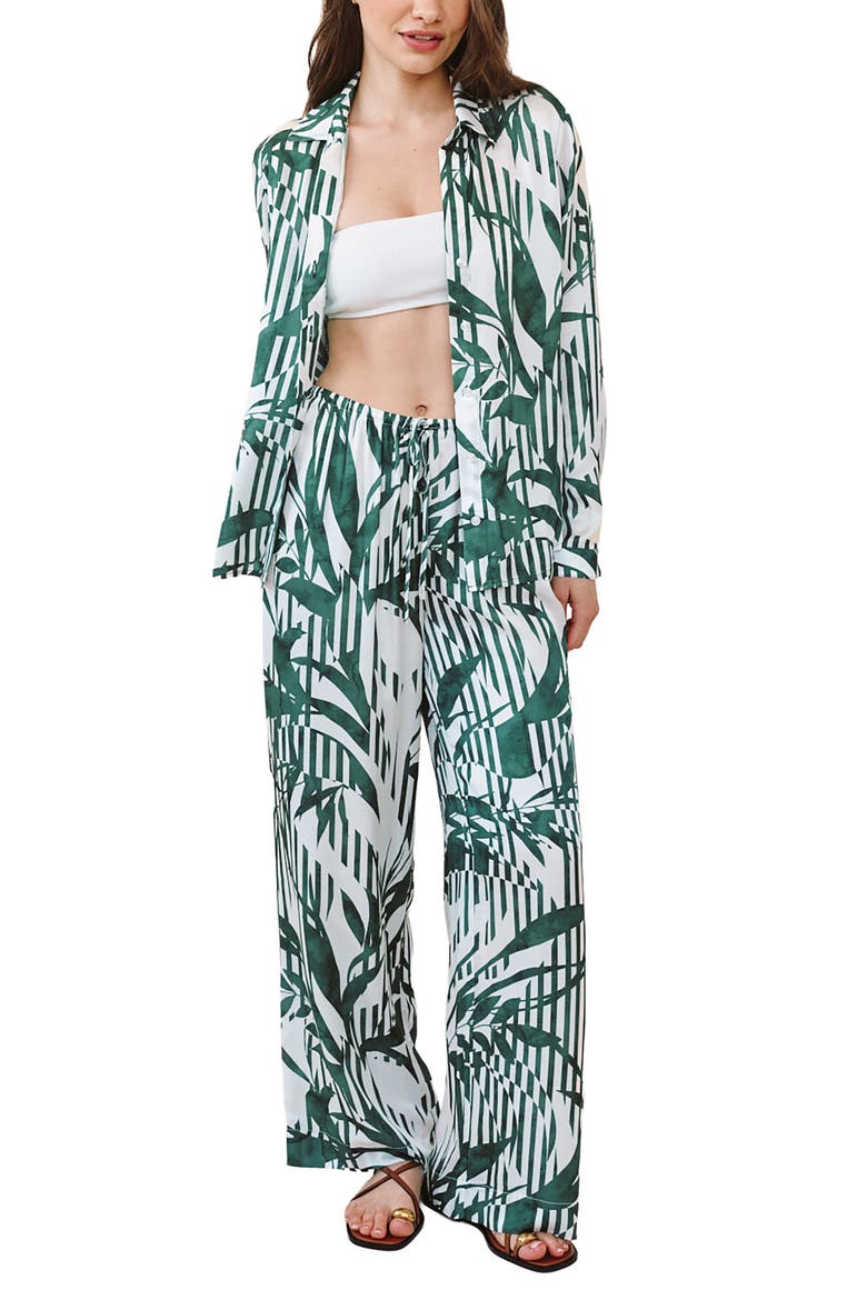 Abstract Leaf Print Button-Up Shirt, Alternate, color, PALM PARADISE
