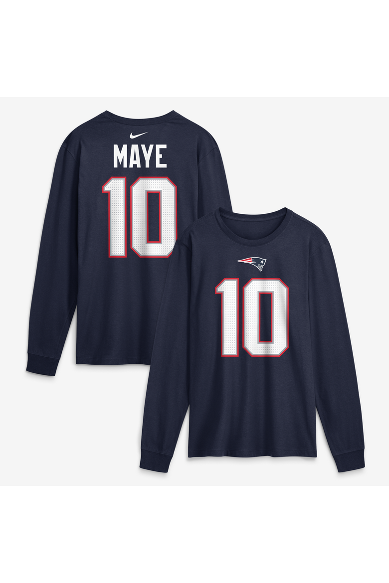 Men's Nike Drake Maye Navy New England Patriots Name & Number Long Sleeve T-Shirt, Main, color, Navy