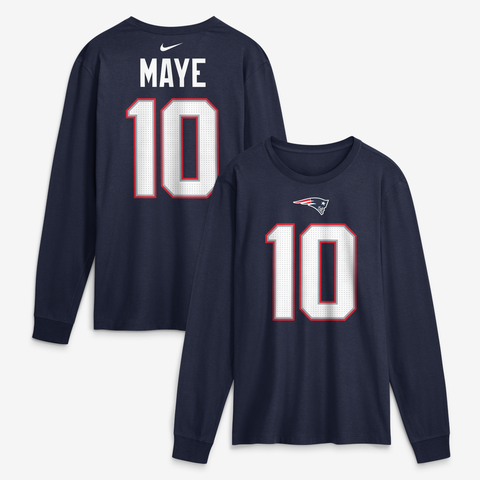 Men's Nike Drake Maye Navy New England Patriots Name & Number Long Sleeve T-Shirt