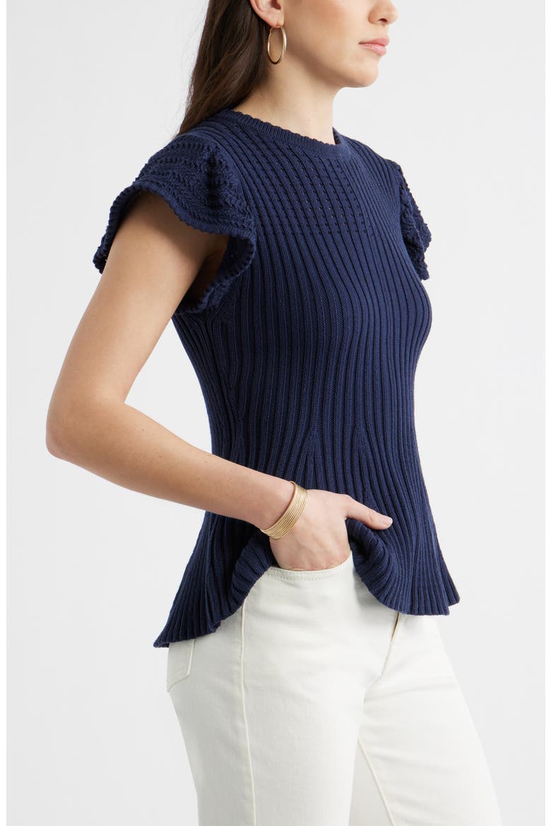 Flutter Sleeve Pima Cotton Sweater, Alternate, color, NAVY STILL