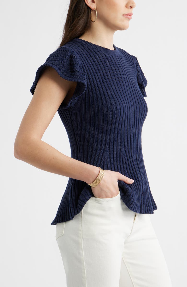 Caslon<sup>®</sup> Flutter Sleeve Pima Cotton Sweater, Alternate, color, Navy Still