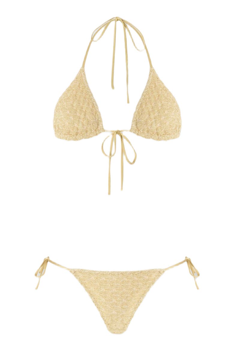 Triangle Bikini In Viscose Lamé With Raschel Knit, Alternate, color, Gold