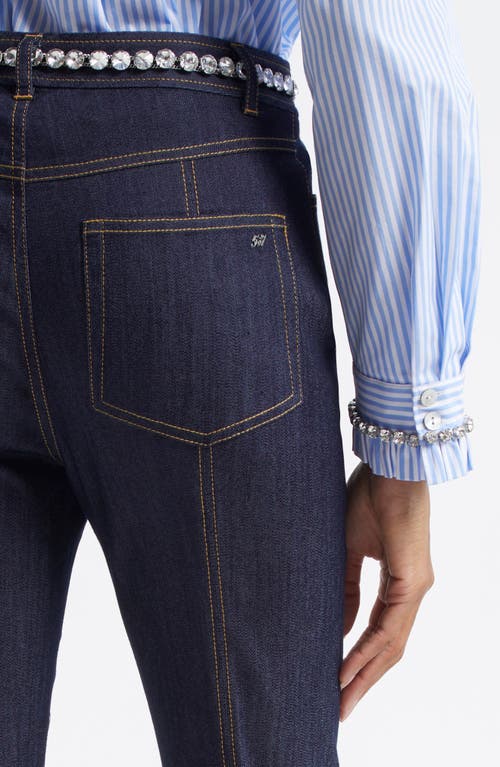 Cinq À Sept Rhinestone Belted Crop Kick Flare Jeans In Indigo