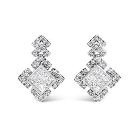 10K White Gold 3/5 Cttw Princess Diamond Geometric Drop Earrings
