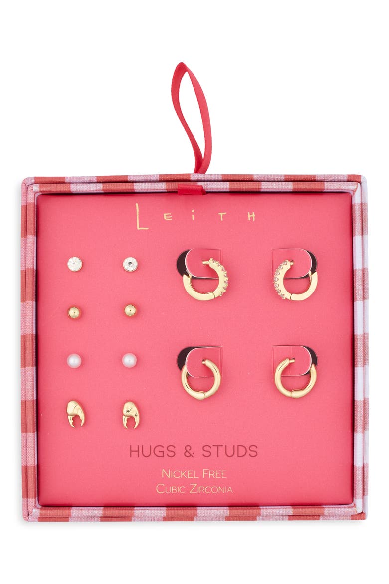 Set of 6 Cubic Zirconia & Faux Pearl Lobster Stud & Huggie Hoop Earrings, Main, color, CLEAR- WHITE- GOLD