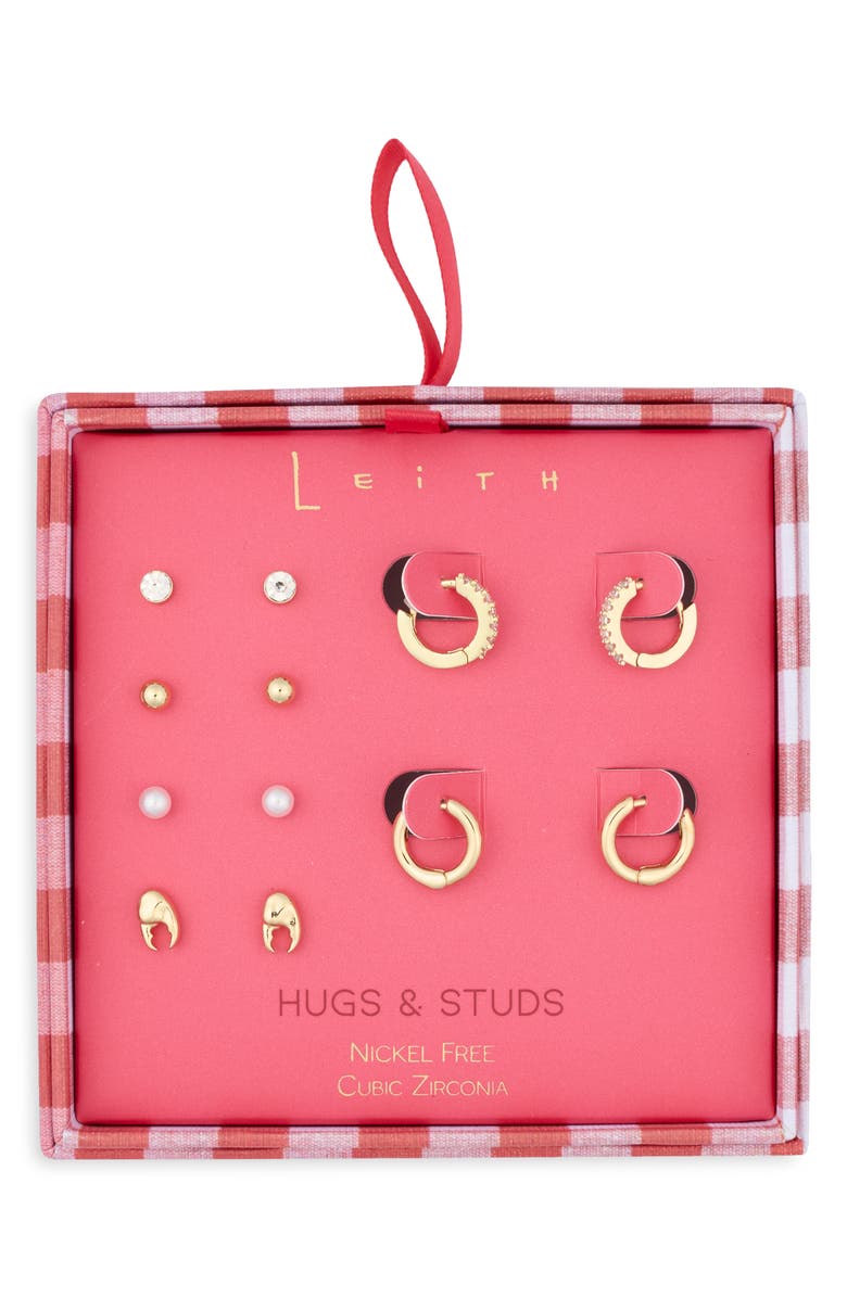 Leith Set of 6 Cubic Zirconia & Faux Pearl Lobster Stud & Huggie Hoop Earrings, Main, color, Clear- White- Gold