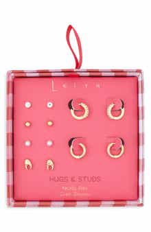 Leith Set of 6 Cubic Zirconia & Faux Pearl Lobster Stud & Huggie Hoop Earrings