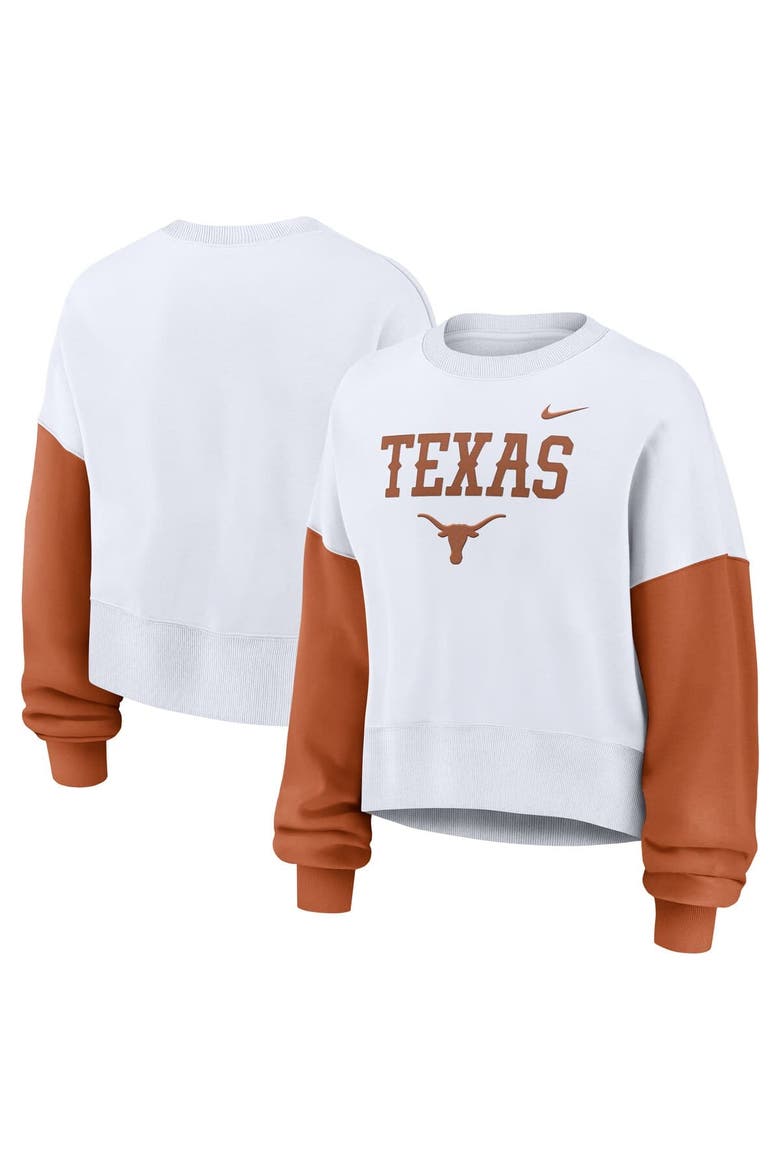 Women's Nike White Texas Longhorns Color-Block Oversized Cropped Pullover Sweatshirt, Alternate, color, White