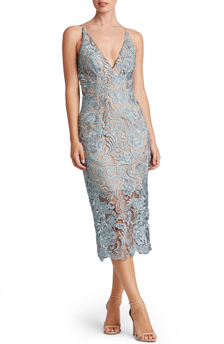 Dress the Population 'Marie' Lace Midi Dress, Main, color, Mineral Blue