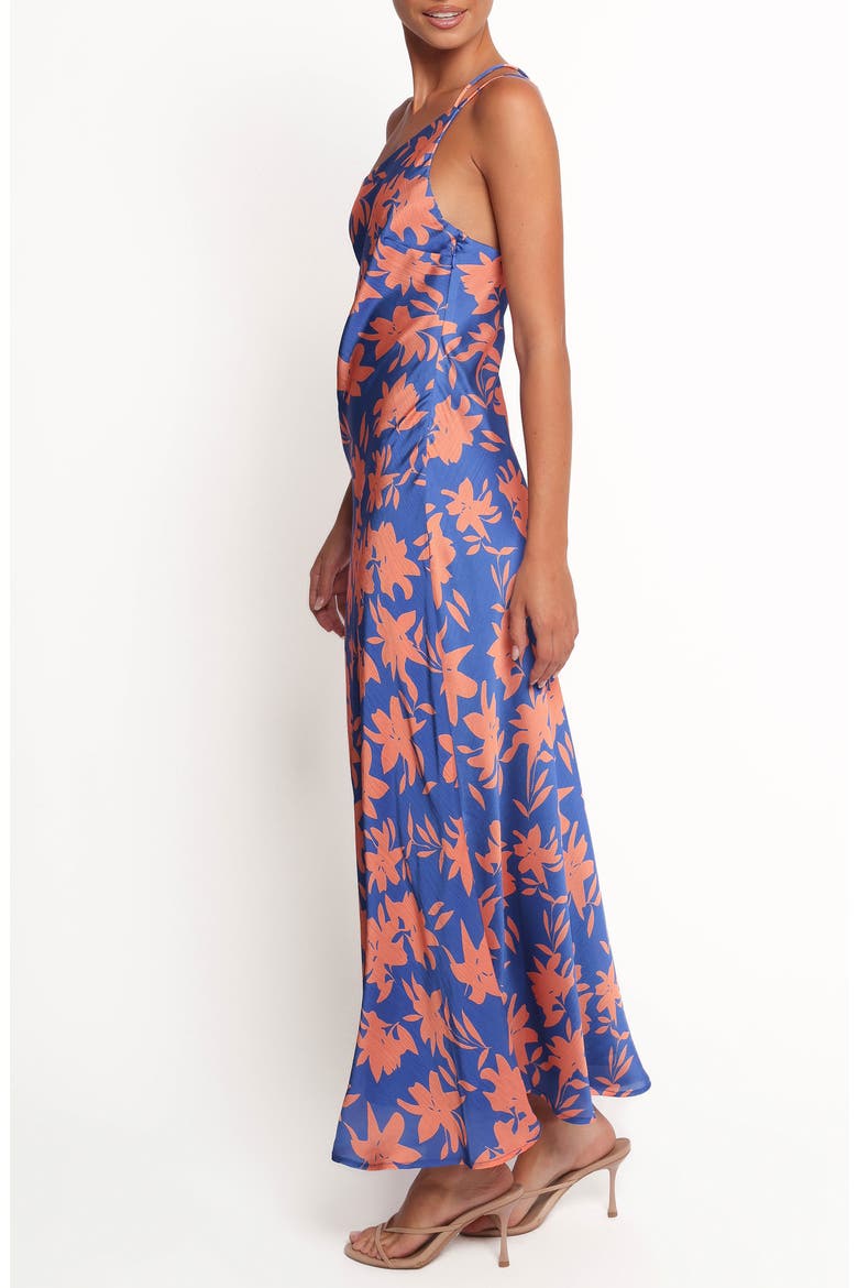 Bottie Floral Print One-Shoulder Satin Maxi Dress, Alternate, color, BLUE/ ORANGE FLORAL