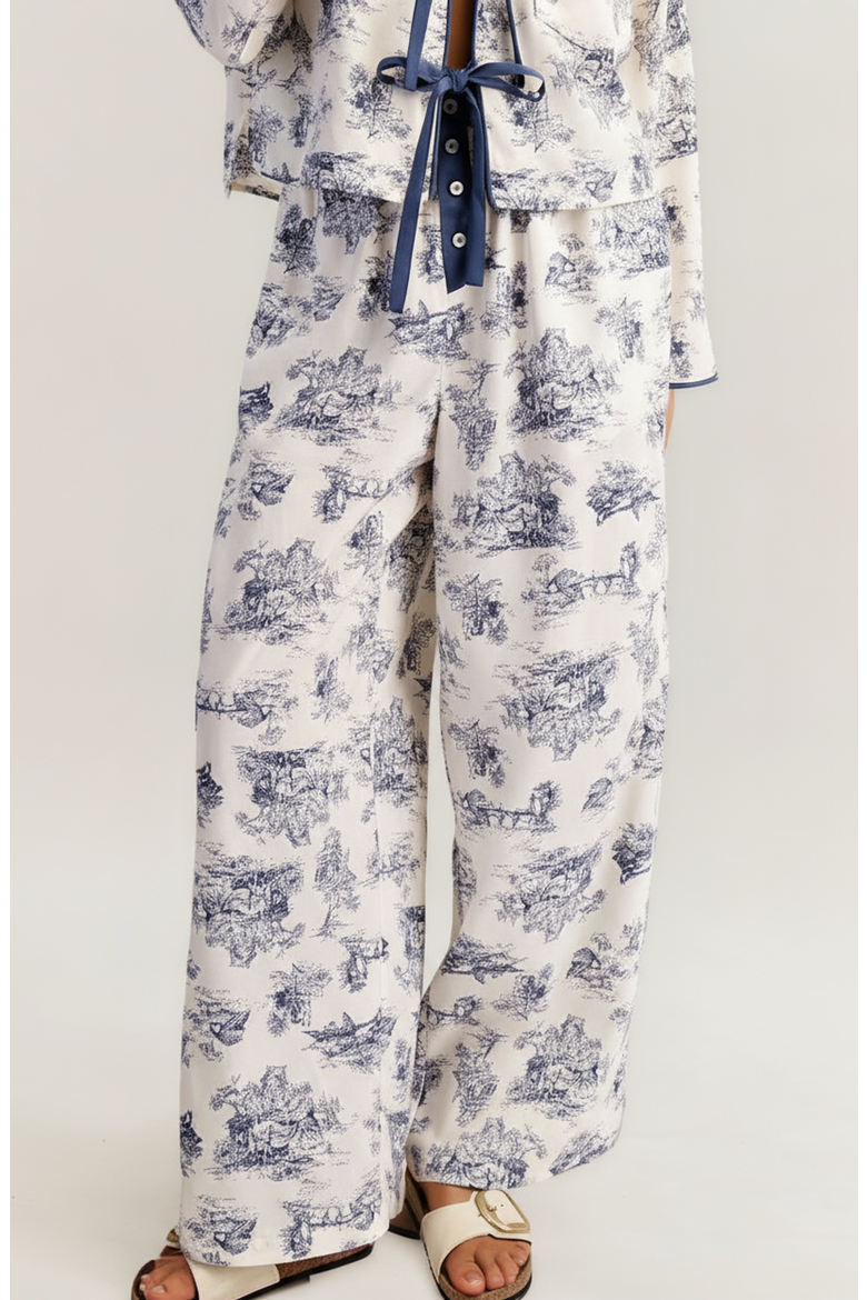 Printed Button-Up Pajama Set with Contrast Trim and Ribbon Tie, Alternate, color, Toile print