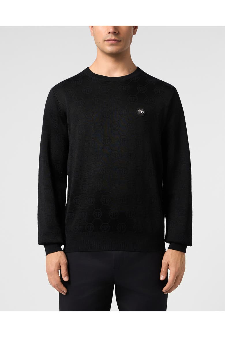 Merino Wool Round Neck Pullover Monogram Men, Main, color, black