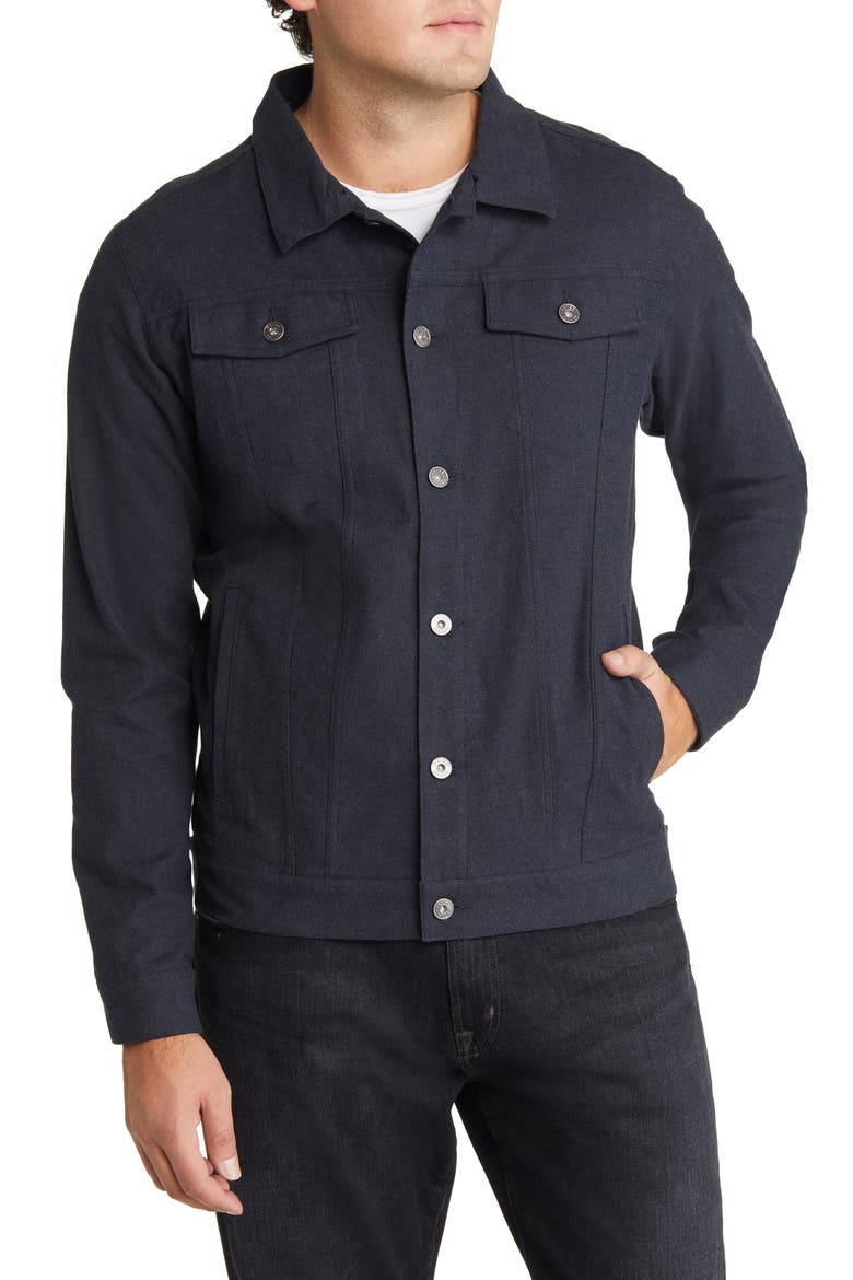 Flannel Trucker Jacket with Fleece Collar, Alternate, color, NAVY