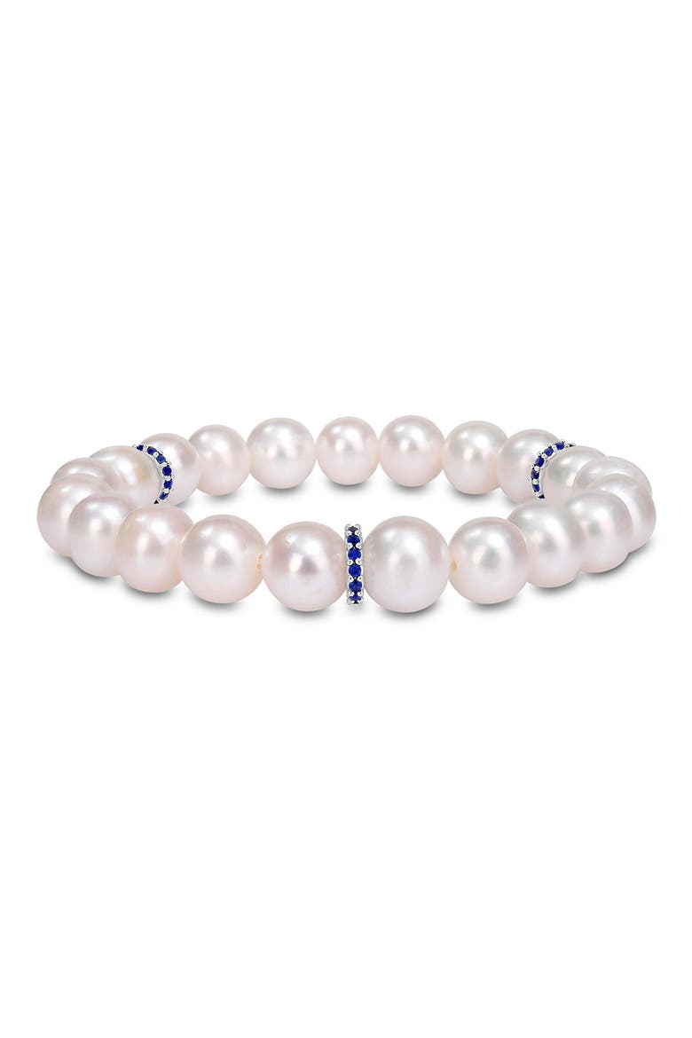 9-9.5mm White Cultured Freshwater Pearl & Created Sapphire Station Stretch Bracelet, Main, color, WHITE