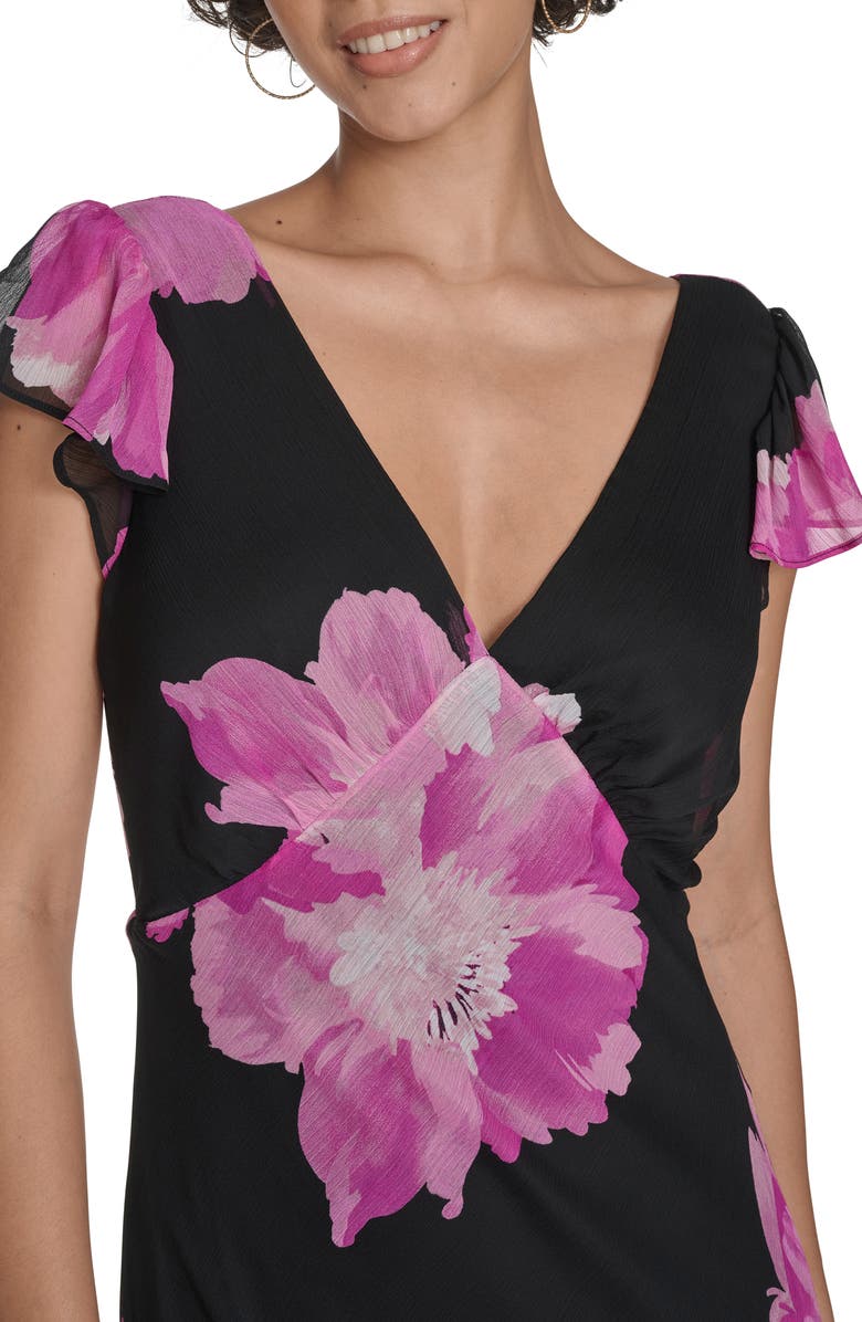 Calvin Klein Floral Flutter Sleeve Chiffon Maxi Dress, Alternate, color, Magic Magenta Multi