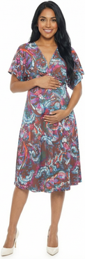 24seven Comfort Apparel Maternity Abstract V-Neck Dolman Sleeve Twist Front A-Line Midi Dress
