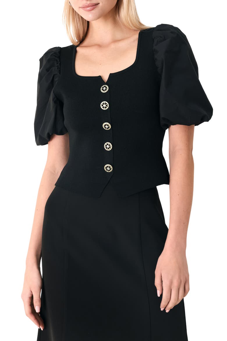 Puff Sleeve Rib Top, Main, color, BLACK
