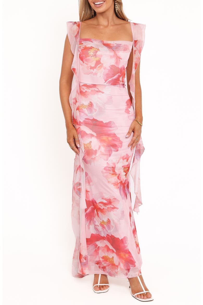 Chiara Floral Flutter Ruffle Maxi Dress, Main, color, PINK PEONY