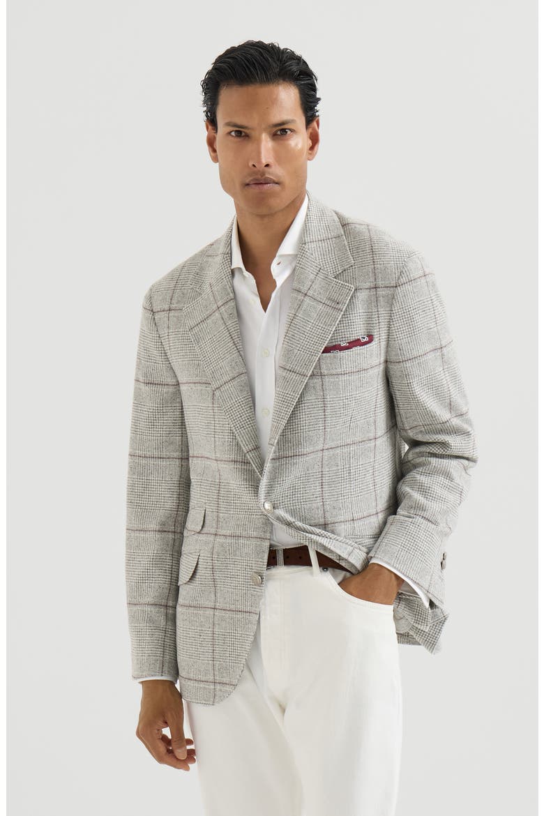 Silk, wool and cashmere Prince of Wales flannel deconstructed Cavallo blazer with metal buttons, Main, color, Grey