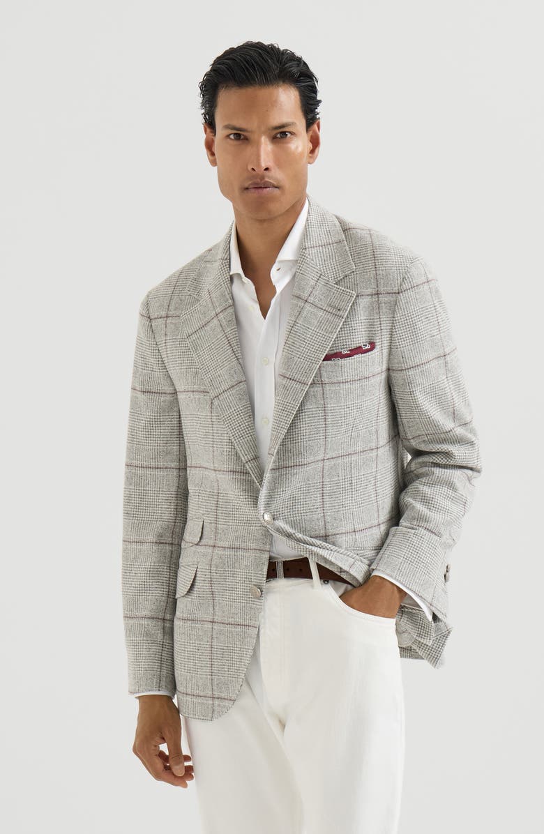 Brunello Cucinelli Silk, wool and cashmere Prince of Wales flannel deconstructed Cavallo blazer with metal buttons, Main, color, Grey