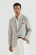 Brunello Cucinelli Silk, wool and cashmere Prince of Wales flannel deconstructed Cavallo blazer with metal buttons