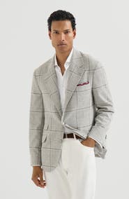 Brunello Cucinelli Silk, wool and cashmere Prince of Wales flannel deconstructed Cavallo blazer with metal buttons