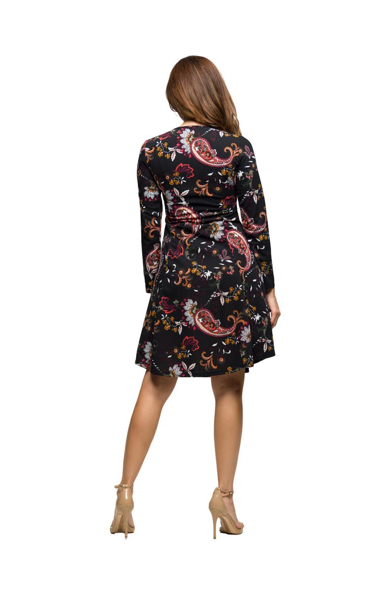 24seven Comfort Apparel Paisley Print Long Sleeve Fit and Flare Dress, Alternate, color, Black Multi