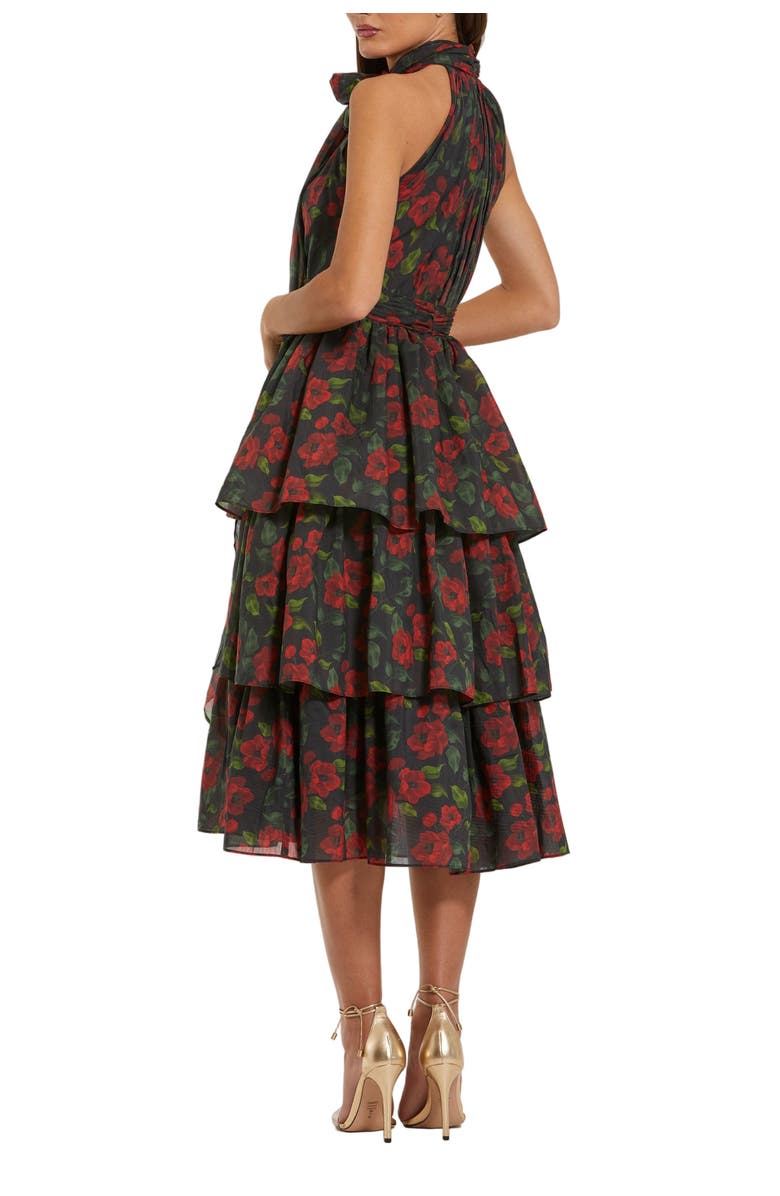 Mac Duggal Floral Chiffon Tiered Midi Dress with Neck Bow, Alternate, color, Black Multi