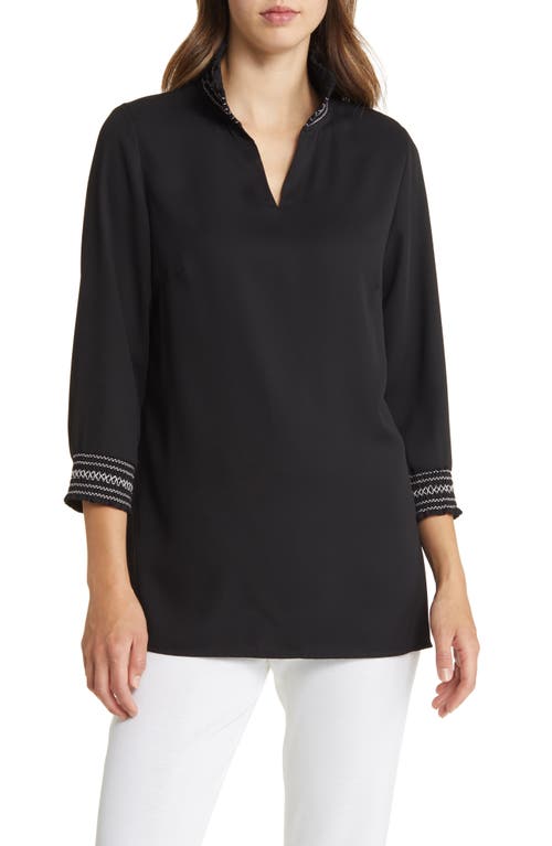 Ming Wang Embroidered Detail Crepe Tunic Blouse In Black