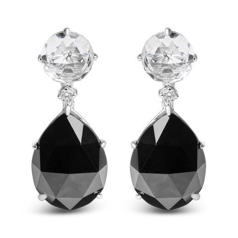 18K White Gold 1/5 Ct Diamond with White Topaz & Black Onyx Gemstone Dangle Earring
