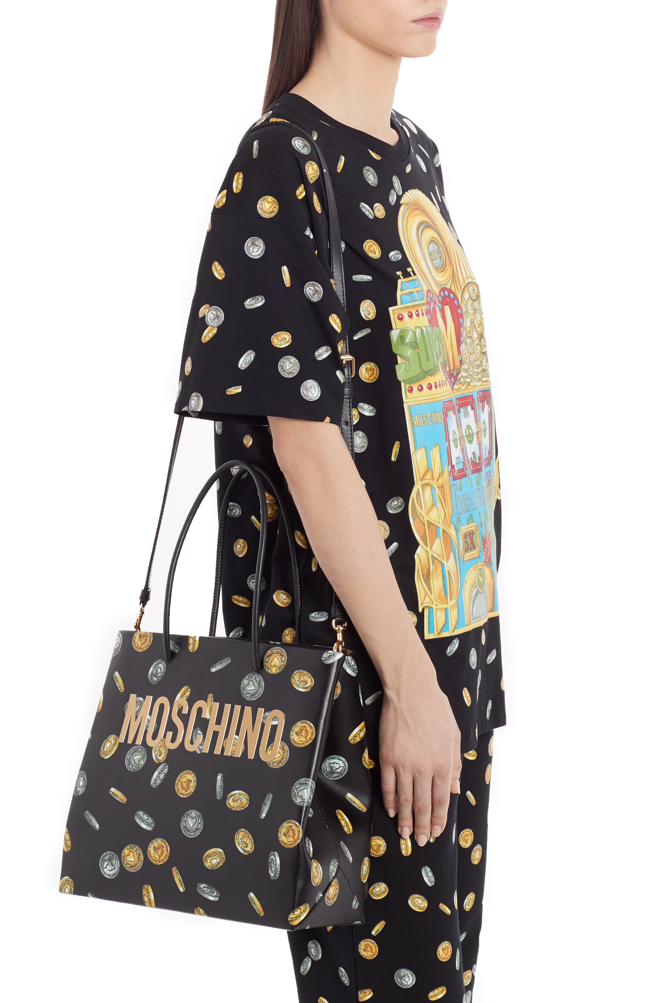 Moschino Logo Coin Print Faux Leather Tote, Alternate, color, 