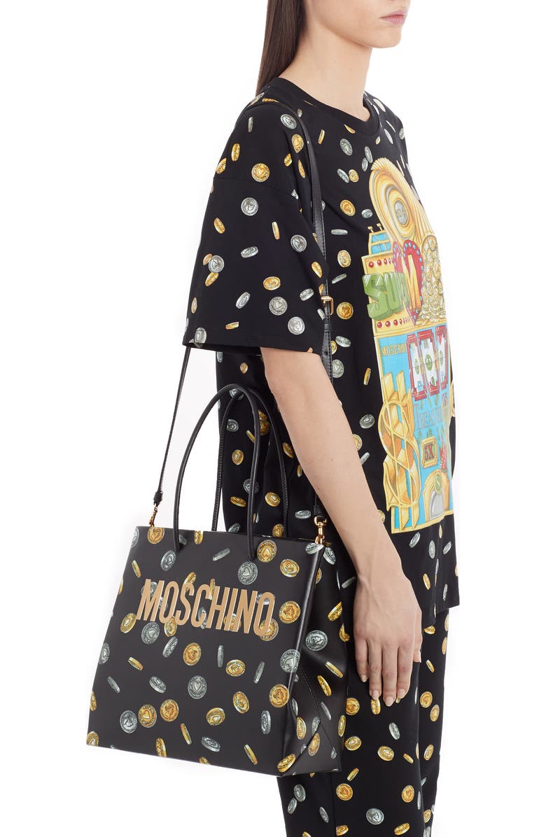 Moschino Logo Coin Print Faux Leather Tote, Alternate, color,