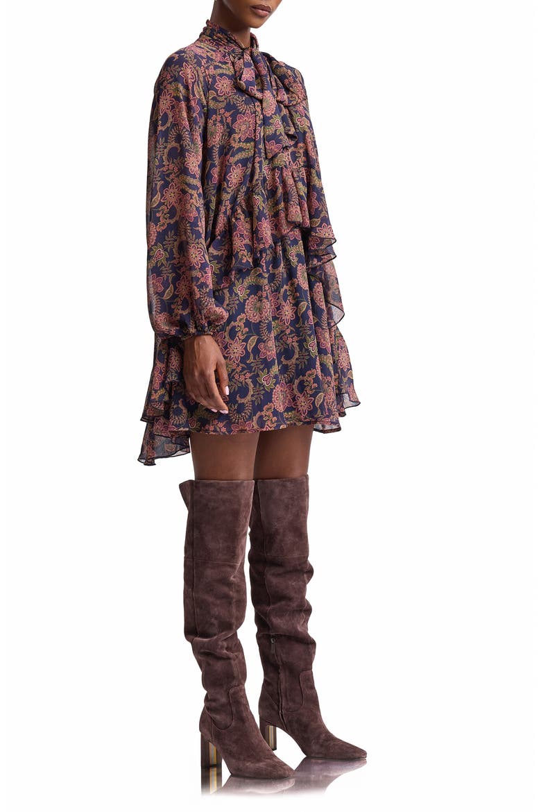 Paisley Print Long Sleeve Chiffon Tie Neck Dress, Alternate, color, NAVY PAISLEY GARDEN