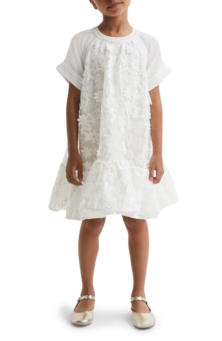 Reiss Kids' Floral Appliqué Sequin Dress, Alternate, color, Ivory
