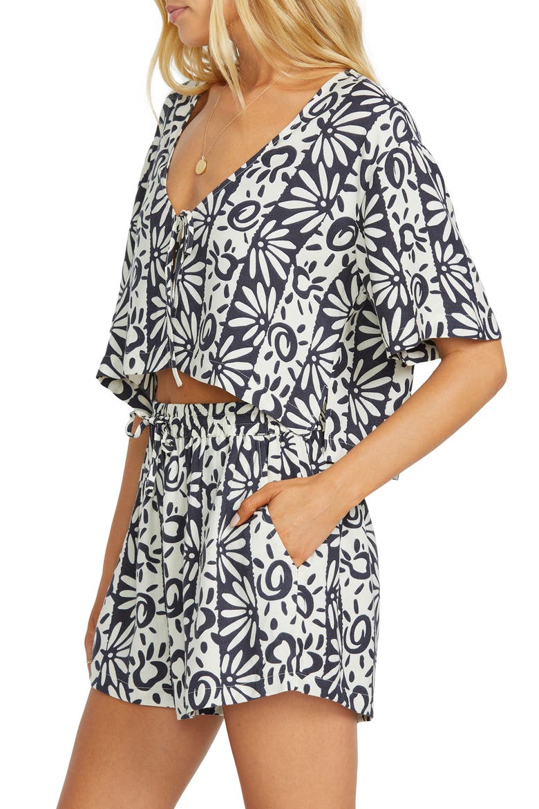 Sunflower Print Poplin Drawstring Shorts, Alternate, color, BLACK SANDS