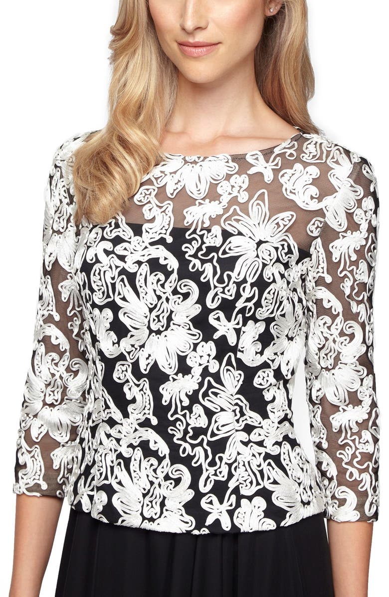 Alex Evenings Soutache Tulle Blouse, Main, color, Black/ White