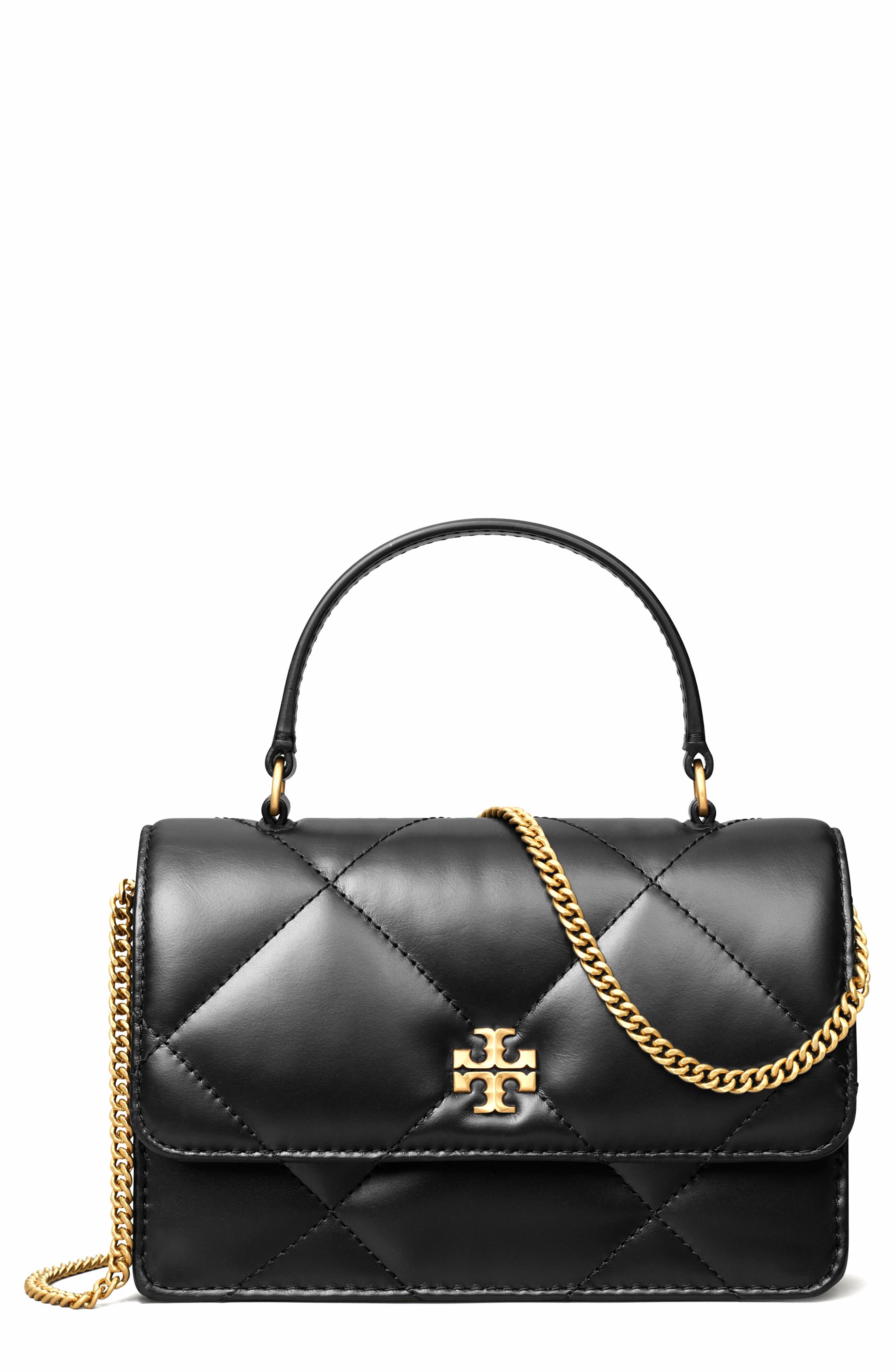 Tory Burch Kira Diamond Quilt Mini Top Handle Crossbody, Main, color, Black