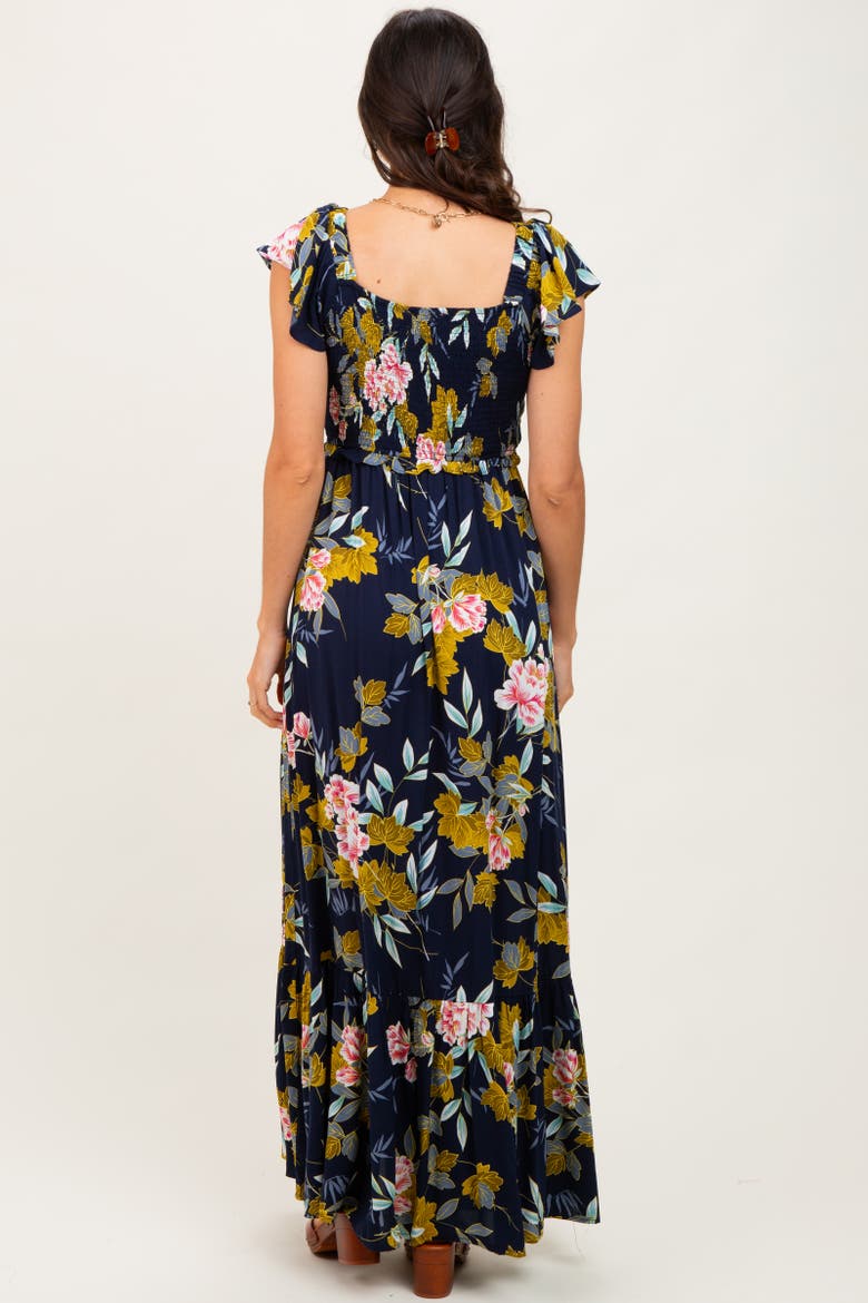 Floral Smocked Cinched Top Maxi Dress, Alternate, color, Navy Blue