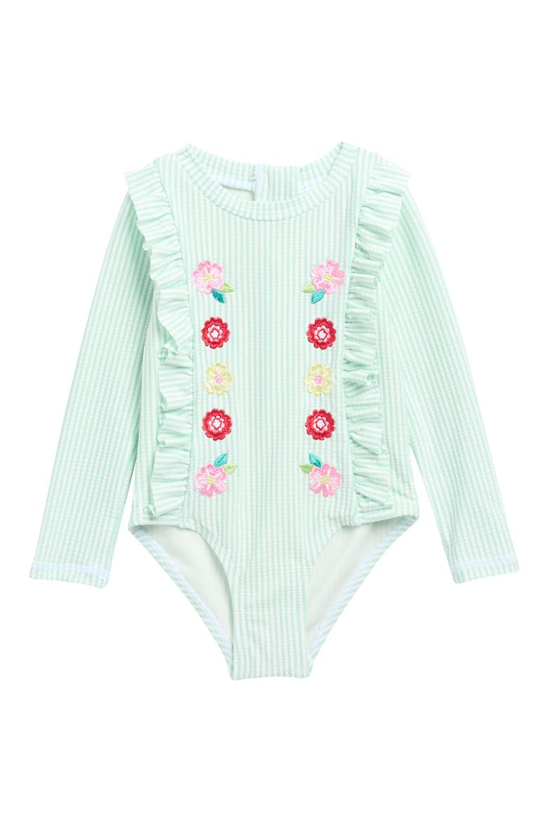 Kids' Floral Seersucker Rashguard Swimsuit, Main, color, HONEYDEW