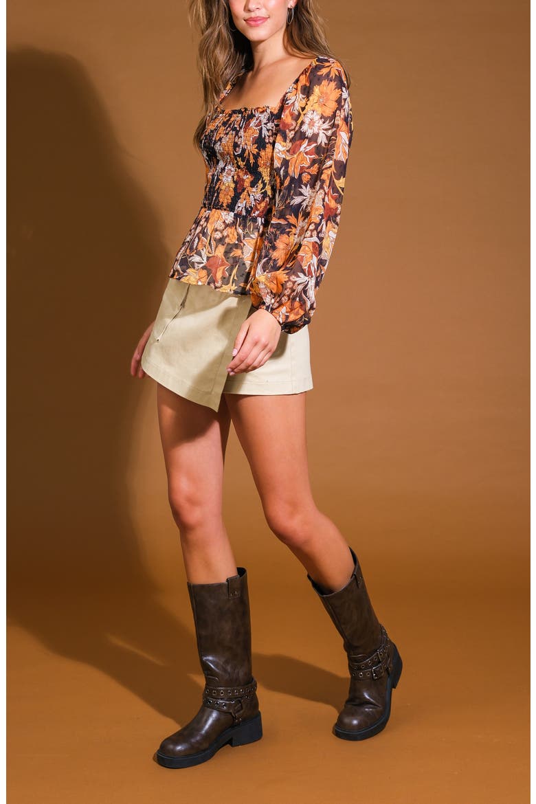 Floral Long Sleeve Peplum Top, Alternate, color, BLACK