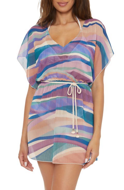 Sound Waves Metallic Stripe Sheer Cover-Up Dress