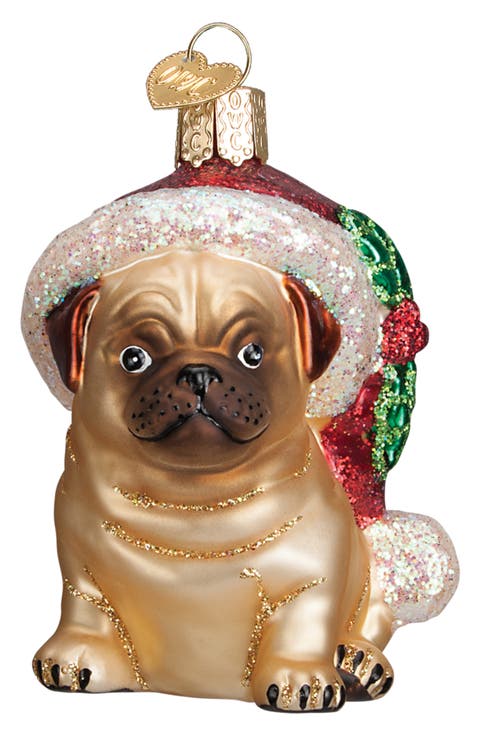 Holly Hat Pug Glass Ornament