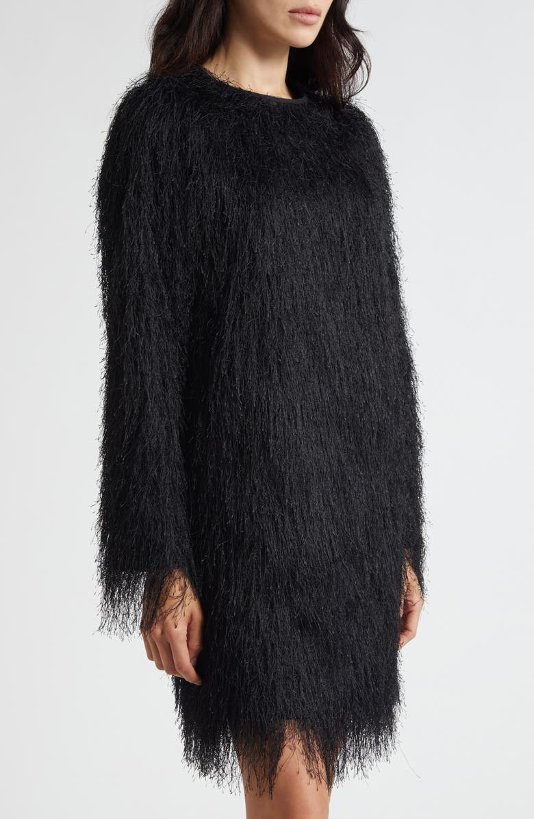 LOULOU DE SAISON Tina Long Sleeve Fringe Minidress, Alternate, color, Black
