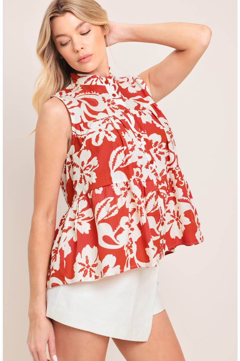 Floral Sleeveless Tiered Button-Up Shirt, Alternate, color, RED