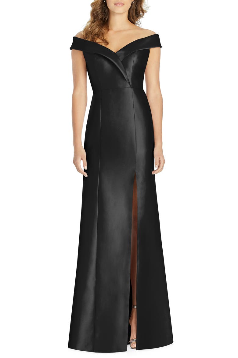 Portrait Collar Satin Trumpet Gown, Main, color, BLACK