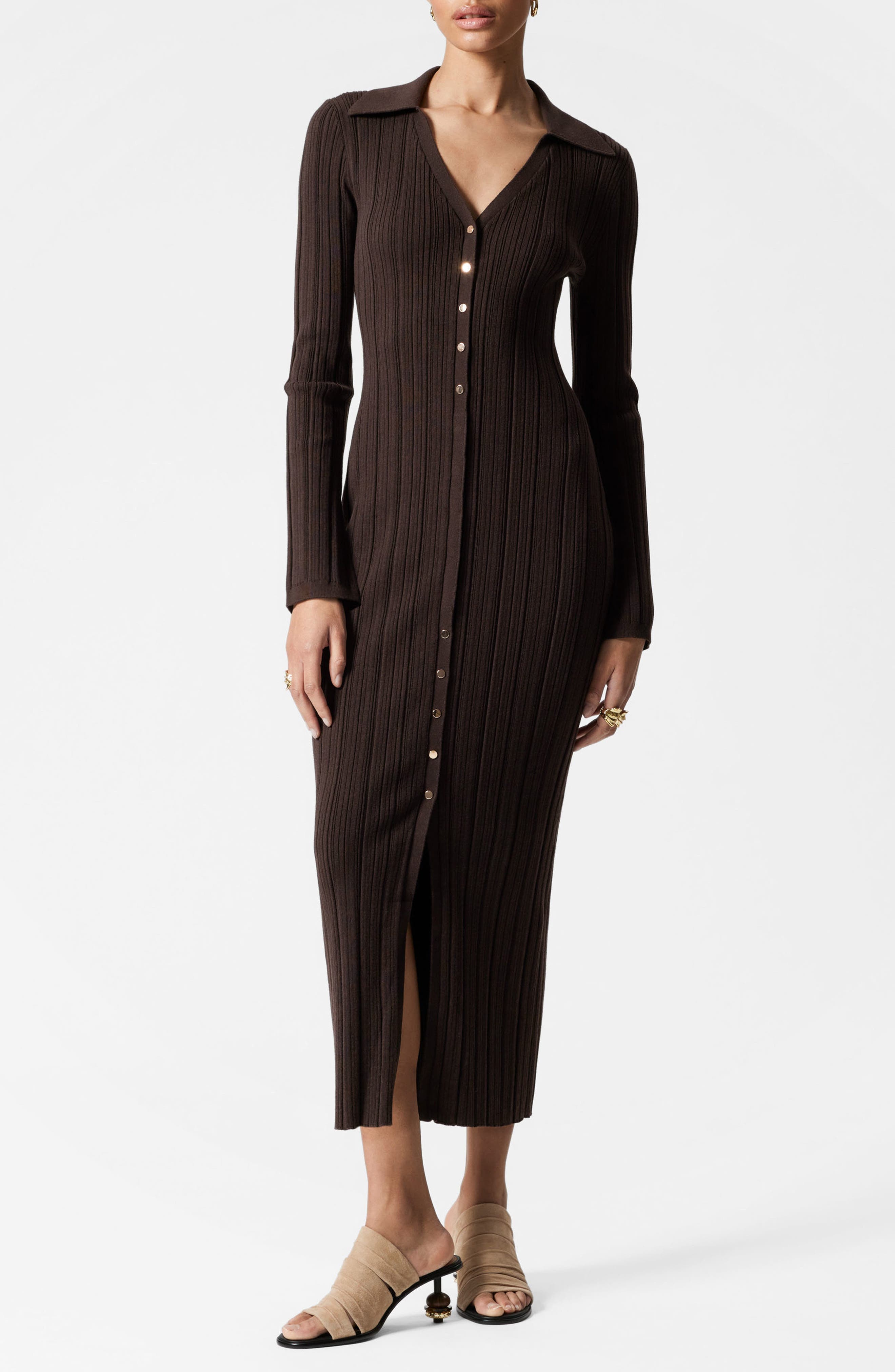 & Other Stories Long Sleeve Wool & Cotton Rib Dress