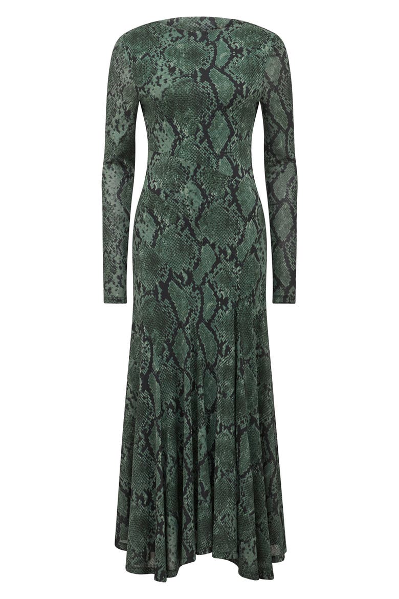 Tammy Asymmetrical Hem Midi Dress, Alternate, color, GREEN SEPIA SNAKE