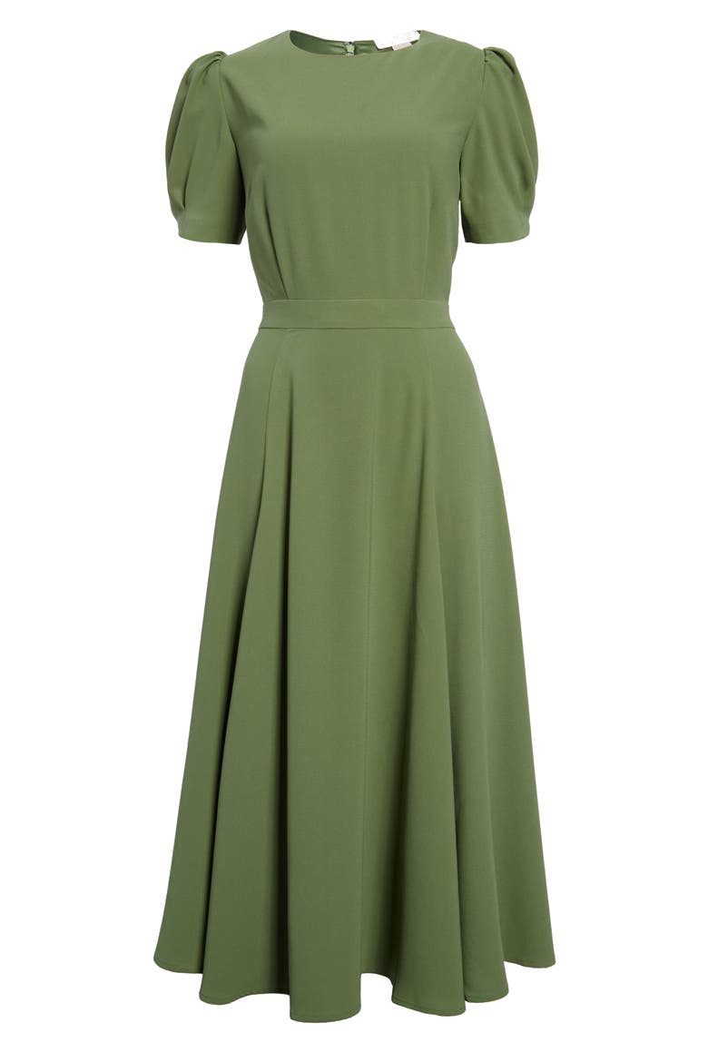 Puff Sleeve Crepe Midi Dress, Main, color, GREEN DILL